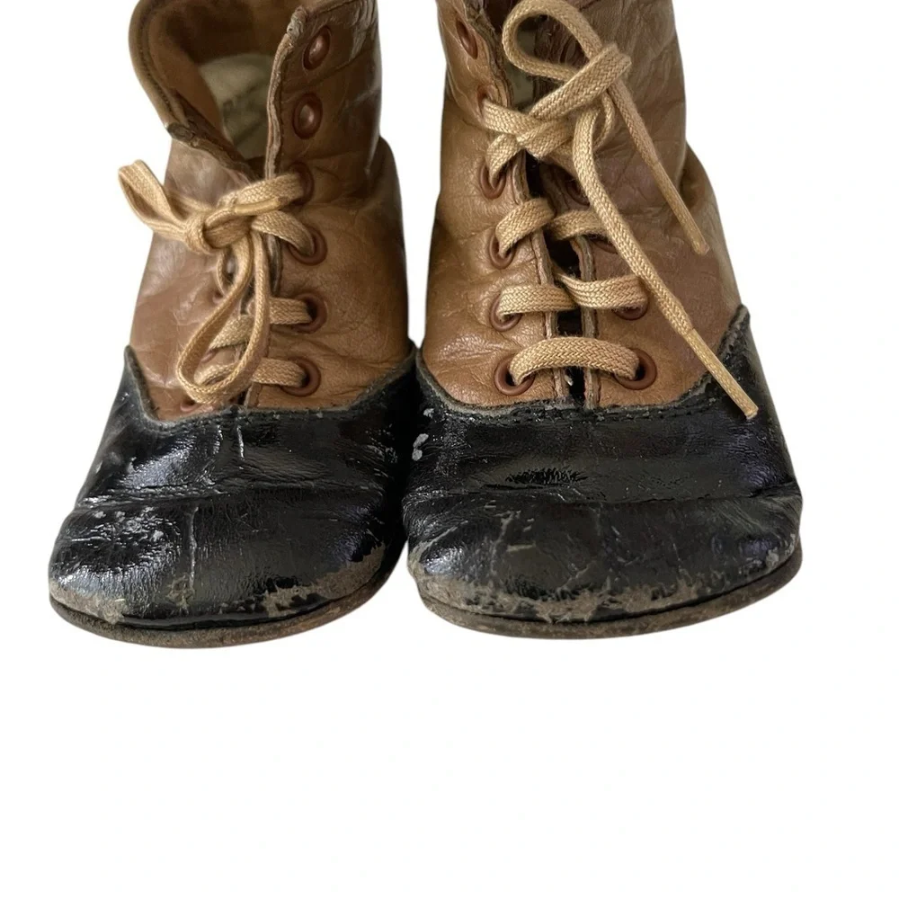 Antique Victorian Brown and Black Leather Lace up infant Baby Shoes As Is